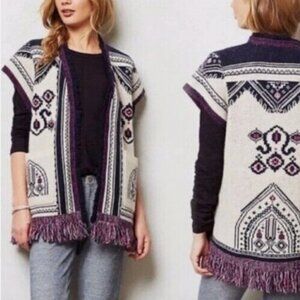 Anthropologie Angel of the North Wool Beige Plum Fringe Poncho Vest Cardigan